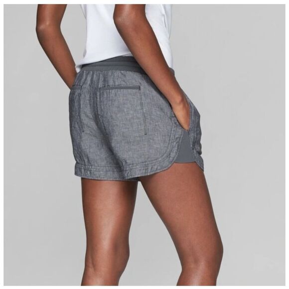 Athleta Athletic 100% Linen Shorts Womens Blue Camouflage Drawstring Waist Sz 12 - Picture 1 of 7